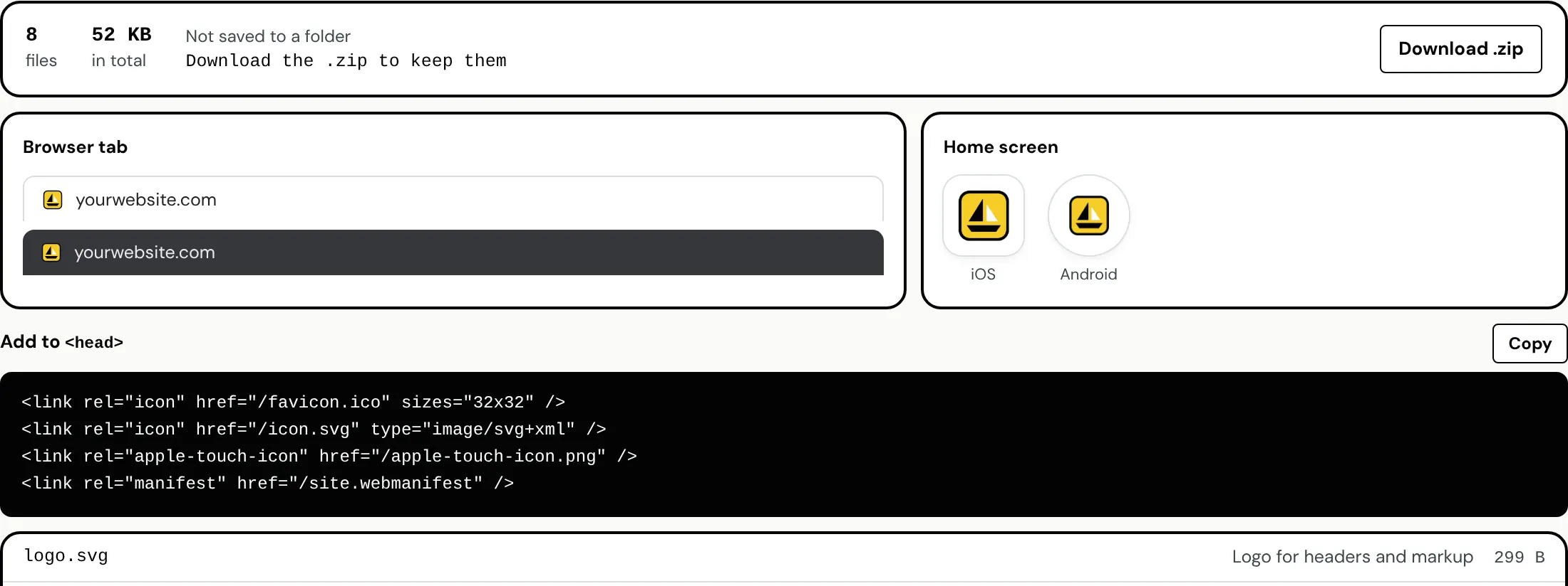 Favicon preview on light and dark browser tabs and iOS and Android home screens