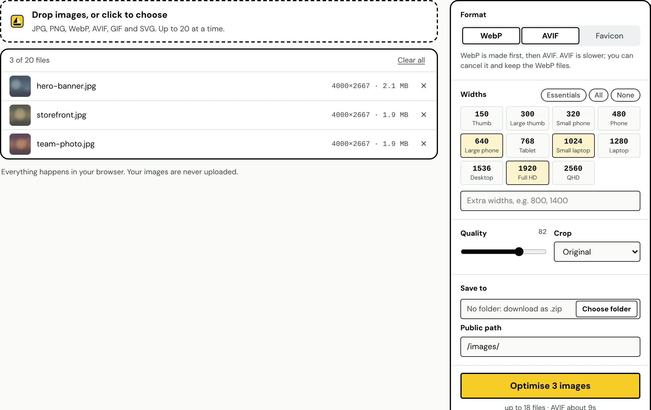 ImageShip with three photos added and WebP and AVIF selected